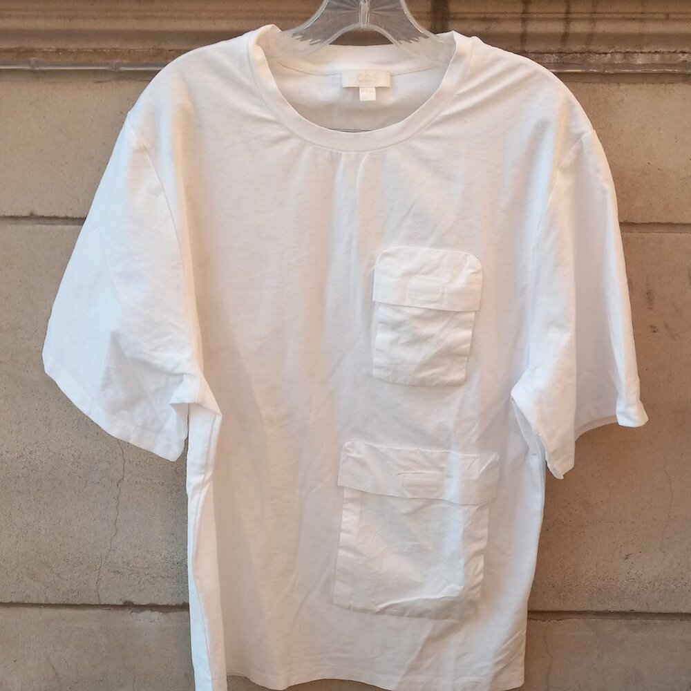 COS White Textures Cotton Asymetrical Closed Pocket Front T-Shirt Size M UNISEX